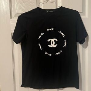 CHANEL Black Tee with Circular White Logo